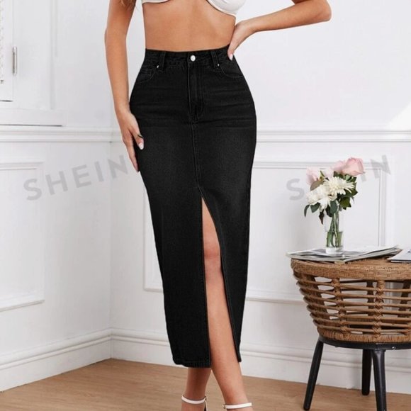 Washed Black Maxi Denim Skirt - Picture 1 of 4